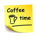 Yellow sticker with black postit Ã¢â¬Å¾Coffee timeÃ¢â¬Å, note hand written - vector